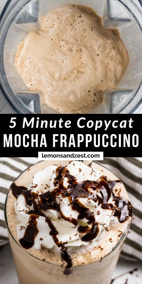 Save some cash and skip the Starbucks run! A simple blended coffee drink with all the chocolate and budget friendly--this Homemade Mocha Frappuccino with is the perfect pick me up for any day! Vegan Frappuccino Recipe, Vegan Frappuccino, Homemade Frappuccino Recipe, Lemon Zest Recipes, Mocha Frappe Recipe, Homemade Mocha, Mocha Smoothie, Homemade Frappuccino, Drinks Starbucks