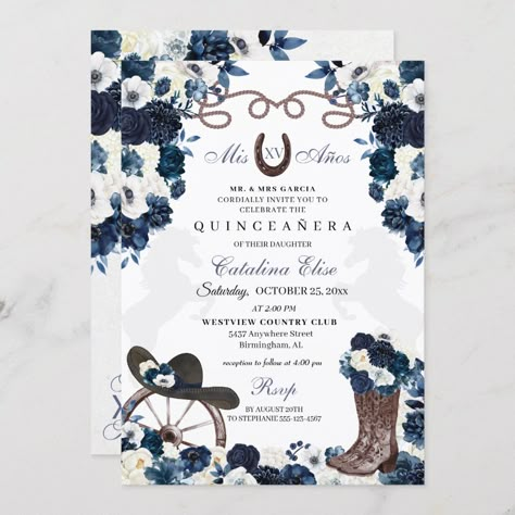 Western Xv Invitations, Navy Blue Quinceanera Centerpieces, Vaquera Quince Invitations, Vaquera Invitations, Western Quince Invitations, Navy Blue Quince Invitations, Ranchero Quinceanera Ideas, Ranch Quinceanera Ideas, Rancho Quinceanera