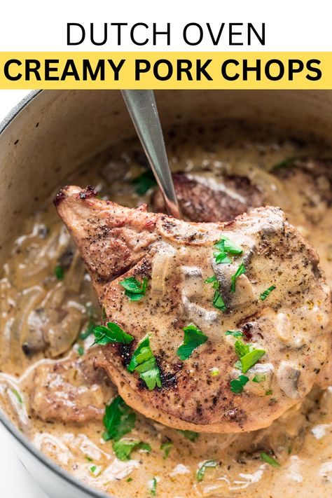 These Dutch Oven Pork Chops aren't fussy, and they're the perfect weeknight meal! If you like quick, easy, creamy, and delicious, this will be your new go-to recipe! #dutchovenrecipes #dutchovenpork #dutchovenbudgetrecipes #dutchovenporkchops #dutchovenporkchopscreamy Smothered Pork Chops Dutch Oven, Pork Chop Recipes In Dutch Oven, Dutch Oven Boneless Pork Chops, Pork Chops In A Dutch Oven, Pork Chops Dutch Oven Recipes, Dutch Oven Pork Chops And Potatoes, Dutch Oven Pork Chops Recipes, Pork Chops Dutch Oven, Oven Smothered Pork Chops