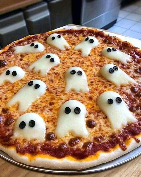 Halloween Forever | Halloween Ghost Pizza 👻🍕 | Facebook Ghost Pizza, Weird Food, Neat Ideas, Me And Who, Shredded Mozzarella, Halloween Recipes, Pizza Sauce, Pizza Crust, Halloween Ghost