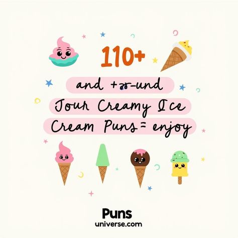 Scoop up some fun with our delightful collection of 110+ cool and creamy ice cream puns! Whether you're looking to sprinkle extra humor on your day or churn out some giggles, these puns are simply the cherry on top. Perfect for sharing with friends or enjoying when you're in the mooo-d for a laugh! Get ready to melt into a world of wit and whimsy. Don't waffle, just dive right in! 🍦✨ #puns #IceCreamLovers #PunFun #SweetLaughs #DessertHumor #SummerVibes #LaughOutLoud #DeliciouslyFunny #PunLovers #IceCreamPuns Train Puns, Ice Cream Puns, Flower Puns, Pizza Puns, Creamy Ice Cream, Sharing With Friends, Love Puns, Make Ice Cream, Rocky Road