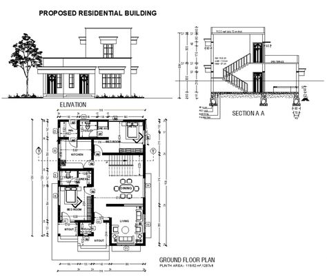 Housing building structure detail plan, elevation and section 2d view dwg file, plan view detail, wall and flooring detail, dimension detail, room dimension detail, hidden line detail, staircase detail, dining area detail, bedroom detail, sanitary toilet and bathroom detail, floor level detail, plinth area 1287s ft, pooja room detail, living room detail, front elevation detail, door and window detail, section line detail, section A-A detail, etc. Floor Plan Elevation Drawing, Floor Plans With Elevations, Working Plan Architecture, Plan Section Elevation Drawings Of House, Plans And Sections Architecture, Plan Elevation Section Of House Autocad, Elevation 2d Drawing, 2d Elevation Designs For House, 2d Elevation Design In Autocad