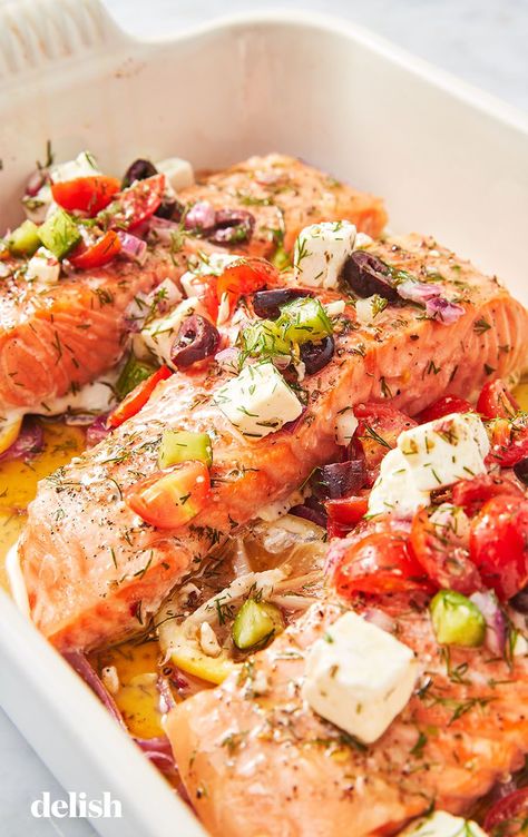 This Greek Salmon Is Definitely Instagram-Worthy Delish Greek Salmon Recipe, Greek Salmon, Seafood Dinners, Best Fish Recipes, Fish Recipes Baked, Seared Ahi, Easy Summer Dinners, Easy Mediterranean Diet Recipes, Butter Salmon