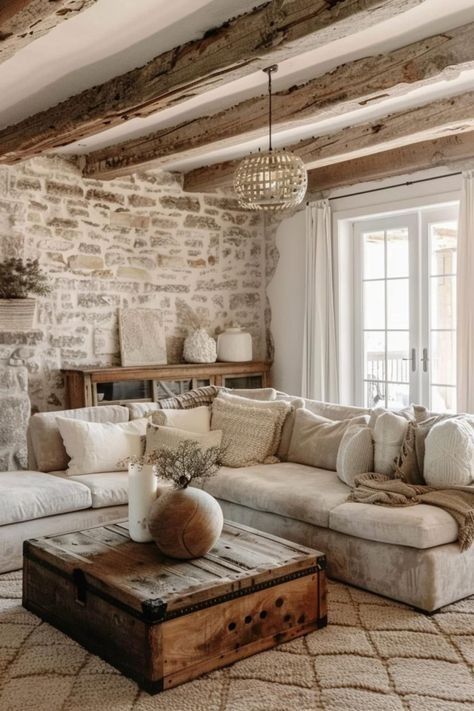 Cozy Rustic Farmhouse Living Room, Country Modern Home Decor, Living Room With Stone Wall, Modern Farmhouse Living Room With Color, Monochromatic Decor Interior Design, Country Interior Design Farmhouse Style, Stone Living Room Wall, Colorful Farmhouse Living Room, Living Room Boho Farmhouse