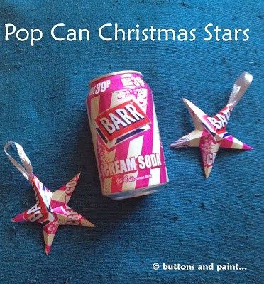 This is a great idea for all those soda and beer cans that you save because they have pretty graphics. Pop on over to the blog Buttons and Paint for the tutorial on how to make a five pointed dimen… Drinks Can Crafts, Drink Can Crafts, Aluminum Can Art, Coke Can Crafts, Beer Can Art, Pop Can Art, Star Christmas Ornaments, Pop Can Crafts, 3d Stars