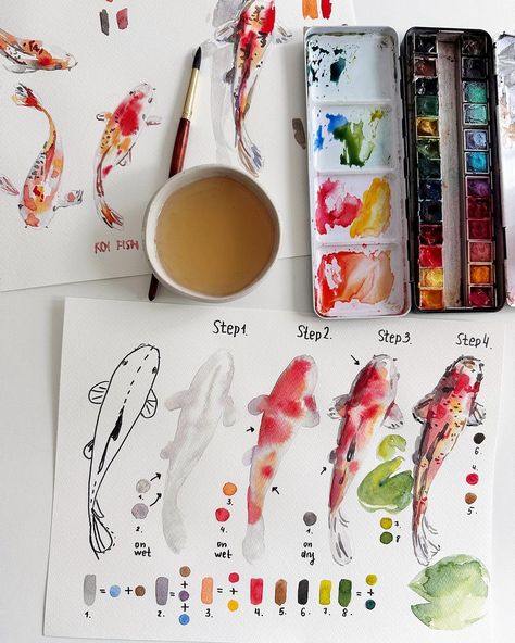 Anna Koliadych (@dearannart) • Instagram photos and videos Paint Koi Fish, Watercolor Koi Fish, Koi Painting, Koi Fish Drawing, Sap Green, Koi Watercolor, Learn Watercolor Painting, Watercolor Beginner, Watercolor Fish