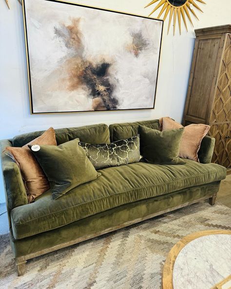 We carry such a wide variety of sofas! Not only do we have our luxe fluffy Teddy sofa, we also have our stunning vintage velvet options, and our top grain Italian ones! We also carry a fully customizable line. ❤️ #sofas #couch #velvet #velvetfurniture #livingroomfurniture #livingroom #livingroomdesign #chaiselounge #chaise #dfwdesigner #olivegreensofa #olivegreen #interiordesign #interiordesigner #rockwalltexas #rockwalltx Olive Velvet Sofa Living Rooms, Vintage Sofas Living Room, Living Room Decor With Green Couch, Olive Green House Decor, Green Leather Sofa Living Room Ideas, Deep Green Couch, Olive Green Furniture Living Room, Olive Green And Brown Living Room, Taupe Sofa Living Room Color Palettes