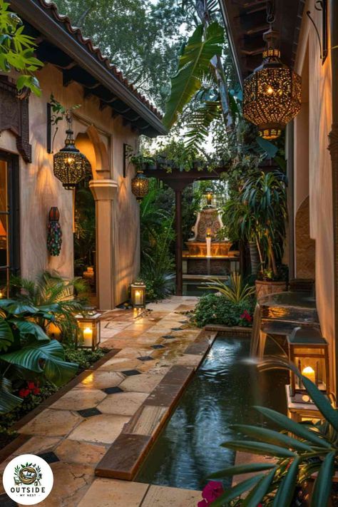 25 Coolest Ceramic Patio Tile Ideas Moroccan Water Feature, Mediterrean Garden Outdoor Spaces, Courtyard Garden Design Ideas, Bohemian Courtyard Ideas, Courtyard Ideas Inside House, Mediterranean Courtyard Garden, Moroccan Courtyard Garden, Courtyard Pool Ideas, Tile Courtyard