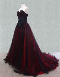 Discount gothic wedding dresses Color Wedding Dresses 2015 A Line Strapless Black and Red Tulle Sweep Train Gothic Bridal Gowns Color Wedding Dresses, Sweep Train Prom Dress, Gothic Wedding Dress, Goth Wedding, Red Wedding Dresses, Dark Wedding, 2015 Wedding Dresses, Color Wedding, Fantasy Gowns