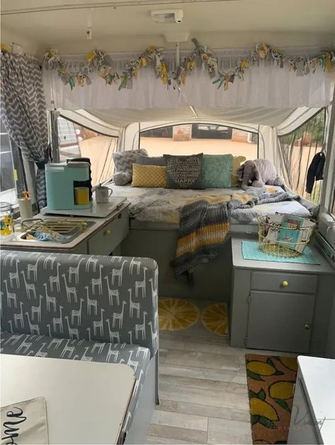 7 More Cheap And Easy Pop Up Camper Remodel Ideas - Camperville Blog Hippy Trailer, Small Camper Interior Ideas, Camper Van Interior Ideas, Camper Inspiration, Tent Trailer Remodel, Small Camper Interior, Camper Interior Ideas, Pop Up Remodel, Van Interior Ideas