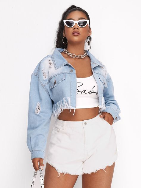 Light Wash Casual  Long Sleeve Denim Plain Other Embellished Non-Stretch  Plus Size Denim Mini Jacket Outfit, Denim Jacket Pattern, Mini Jacket, Light Wash Jean Jacket, Formal Chic, Shein Jackets, Light Wash Denim Jacket, Cropped Jean Jacket, Oversized Jean Jacket