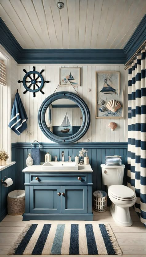 Beach Cottage Style Bathroom, Marine Bathroom, Nautical Theme Bathroom, Mediterranean Style Bathroom, Seashell Accessories, Beadboard Walls, Bathroom Decor Ideas Colors Schemes, Ocean Themed Bathroom, Beach Themed Bathroom