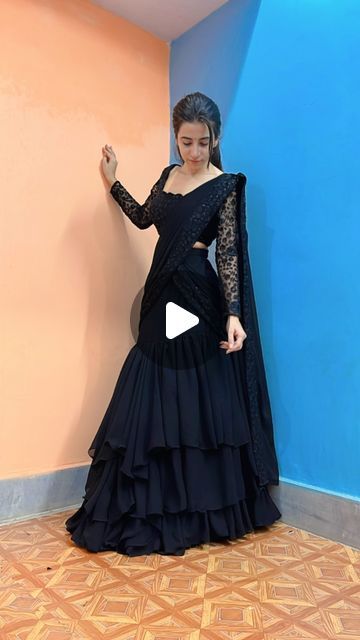 Can Can Skirt For Lehenga, Black Lehenga Look, Saree Stitched Dress, Black Colour Lehenga, Black Lehenga Party Wear, Blouse With Attached Dupatta, Black Saree Look, Georgette Dresses, Ready Made Saree