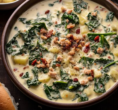 Zuppa Toscana Soup is perfect for chilly days. Featuring Italian Sausage, Bacon, and spinach, you will have a hard time having just one bowl. Ravioli Soup, Sausage Tortellini Soup, Zuppa Toscana Soup, Toscana Soup, Sausage Tortellini, Italian Sausage Soup, Popular Side Dishes, Pork Soup, Mild Italian Sausage