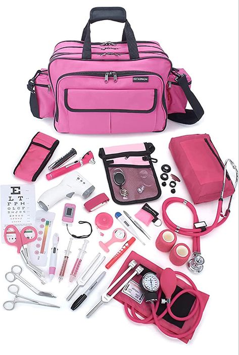 Doctors Equipment Tools, Nursing Tools Kit, Medicine Bag Travel, Home Care Nurse, Pink Nursing School Aesthetic, Nurse Bag Essentials For Work, Nursing Bag Essentials, Clinical Bag Nursing Student, Nurse Work Bag Essentials