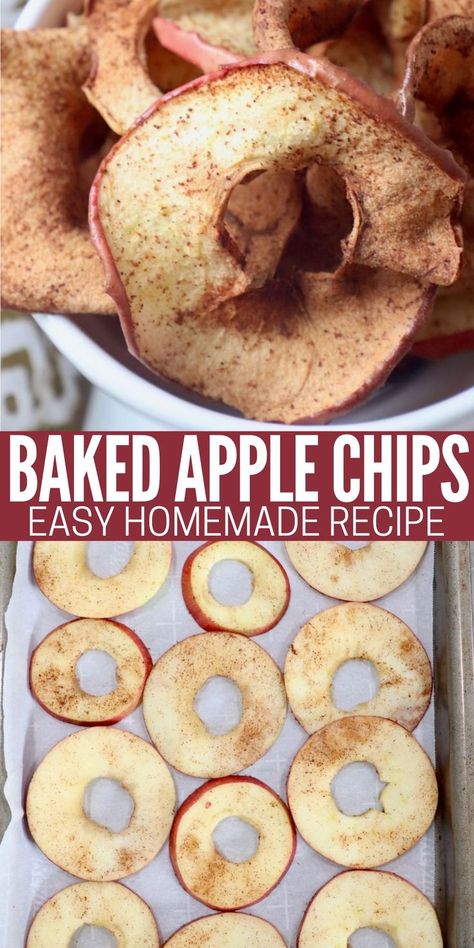 baked apple slices in bowl and slices of apple on baking sheet Baked Apple Chips Recipe, Homemade Apple Chips, Baked Apple Chips, Cinnamon Apple Chips Baked, Dried Apple Chips, Oven Baked Apple, Apple Chips Recipe, Apple Treats, Dehydrated Apples