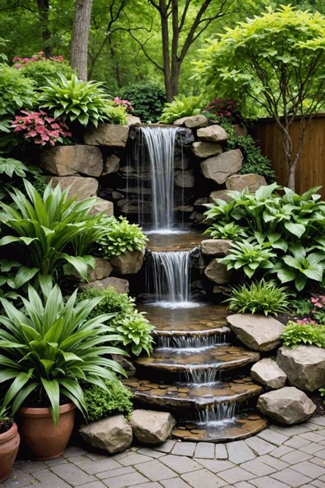 Garden Waterfall Ideas, Backyard Stream, Small Garden Waterfalls, Small Backyard Ponds, Ponds For Small Gardens, Waterfall Ideas, Outdoor Waterfalls, Rock Fountain, Garden Pond Design