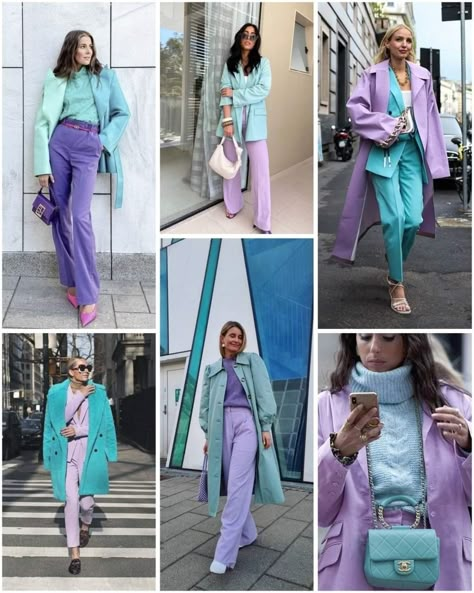 Lavendar Pants Outfits, Navy And Lavender Outfit, Lilac And Blue Outfit, Purple Color Blocking Outfits, Violet Trousers Outfit, Fun Office Outfits Women, Lilac Color Combinations Outfit, Lavender Outfits For Women, Color Theme Outfits