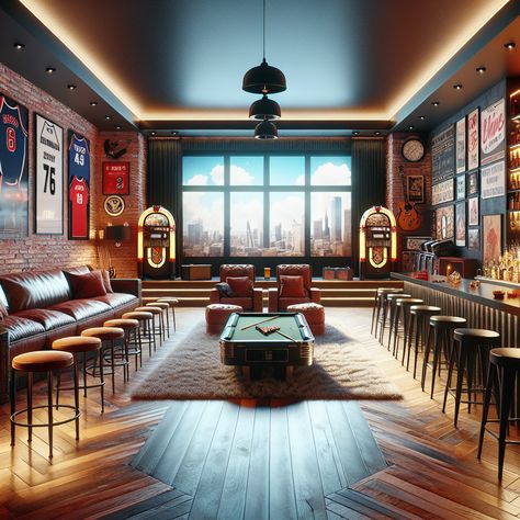 Indulge in nostalgic vibes in this ultimate man cave with a home theater, vintage jukebox & bar, pool table, and retro arcade games. Enjoy array of drinks, snacks, and framed memorabilia on red brick walls under natural light. #ManCaveIdeas #HomeTheater #VintageArcade #JukeboxBar #PoolTable #Memorabilia Room Brick Wall, Bar Pool Table, Framed Memorabilia, Red Brick Walls, Retro Arcade Games, Vintage Arcade, Ultimate Man Cave, Nostalgic Vibes, Retro Arcade