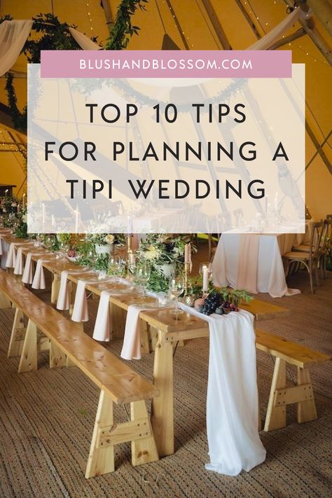 Top 10 Tips for Planning a Tipi Wedding  Are you thinking of having a tipi wedding but wondering where to start?   Well you are in the right place, as you read on you'll find out the most helpful tips when planning a tipi wedding - from decor to lighting to flowers to food and more! Tipi weddings really are magical and all of the planning is definitely worth it, just ensure you are prepared and everything will run smoothly. Tipi Decoration Wedding, Wedding Tipi Decorations, Tipi Wedding Flowers, Tipi Wedding Decoration, Lighting Outdoor Wedding, Tipi Wedding Ideas, Tipi Wedding Decor, Teepee Wedding, Rustic Wedding Outdoor