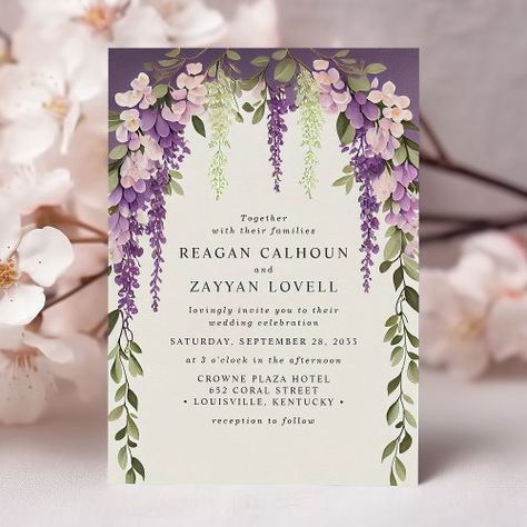 $1.90 | Purple Wisteria Flowers Greenery Modern Wedding #purple wisteria flowers, botanical, modern, greenery, contemporary, lavender blooms, romantic, nature, garden, floral wedding Wisteria And Sage Green Wedding, Purple And Green Invitations, Dark And Light Purple Wedding, Purple Pink Green Gold Wedding, Dark Green Light Purple Wedding, Purple Flower Wedding Invitations, Wedding Lavender And Green, Wisteria And Sage Wedding, Purple Floral Wedding Invitations