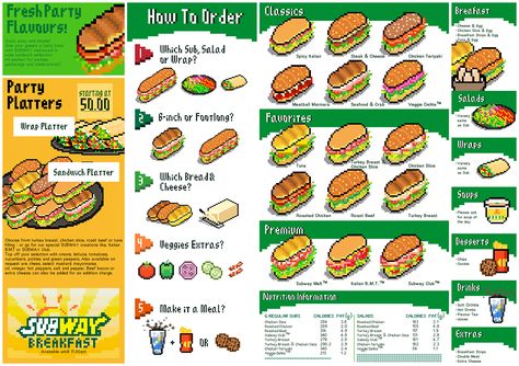 Pixel Art Menu (SUBWAY sandwich) on Behance Subway Recipes, Subway Bread, Subway Menu, Sandwich Station, Sandwich Pictures, Cardboard Food, Pixel Art Food, Sandwich Menu, Subway Sandwich