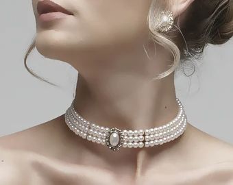 GlamDuchess - Etsy Prom Aesthetic, Bridal Choker Necklace, Pearl Jewelry Set, White Victorian, Evening Jewelry, Bridal Choker, Detailed Necklace, Bridal Jewelry Set, Vintage Inspired Jewelry