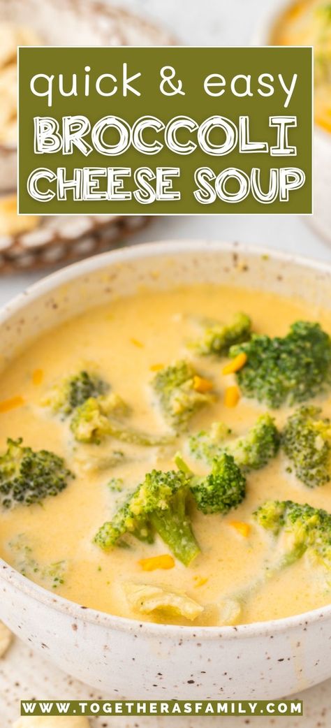 Broccoli Cheddar Soup is simple to make on the stove top with one pot and frozen broccoli. This creamy, warm, and comforting soup is perfect for cold weather. Serve inside bread bowls or with rolls to soak up all that cheesy cheddar goodness! Shredded sharp cheddar cheese really makes this broccoli soup delicious and the heavy cream makes it perfectly thick & creamy. Easy Broccoli Cheddar Soup, Cheesy Broccoli Soup, Broccoli Cheddar Soup Recipe, Cheddar Soup Recipe, Broccoli Cheese Soup Recipes, Cheese Soup Recipes, Cream Of Broccoli Soup, Broccoli Soup Recipes, Cheesy Broccoli