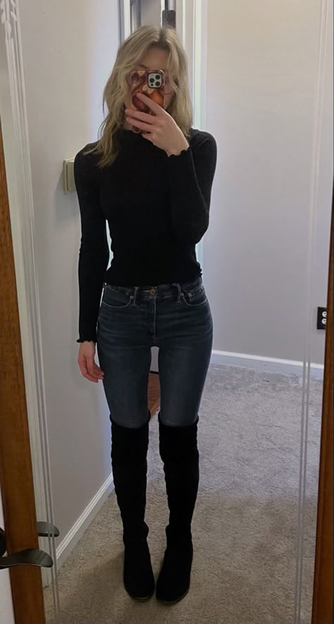 Black Thigh High Boots Outfit Winter, Jeans And Knee High Boots Outfit, Black Knee High Boots Outfit Casual, Low Boots Outfit, Black Boots Outfit Winter, Thigh High Boots Outfit Winter, Black Thigh High Boots Outfit, High Boots Outfit Winter, Cas Outfits