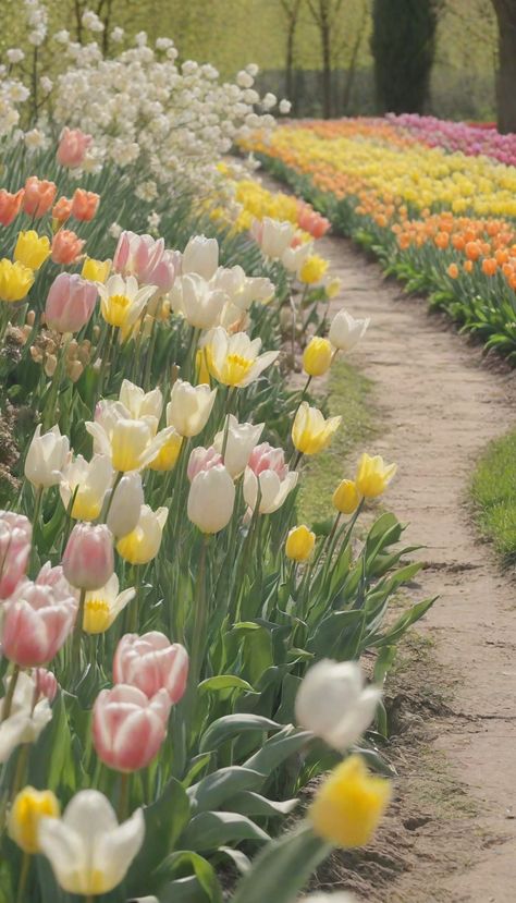 Pastel color painting of flowers, a garden filled with tulips and daffodils in soft pastel shades, gentle breeze and warm sunlight. Tulip And Daffodil Garden, Pastel Color Painting, Pastel Tulips, Cotswold Garden, Tulips And Daffodils, Paris Garden, As It Is In Heaven, Painting Of Flowers, Tulip Garden