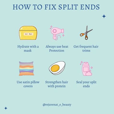 | Ravina Balwan 🌻| on Instagram: "FIX YOUR SPLIT ENDS ✅ 👉 FOLLOW @rejuvenat_e_beauty for more information 💫. . . . #hair #hairtips #haircare #hairtips #haircaretips #hairroutine #haircaretips #haircareroutine #healthyhair #shinyhair #splitends #hairgrowth" How To Heal Split Ends, How To Stop Split Ends, Split Ends Repair Diy Hair Masks, How To Prevent Split Ends, How To Fix Split Ends, How To Fix Damaged Hair, How To Get Rid Of Split Ends, Hair Mask For Split Ends, Split End Hair Mask