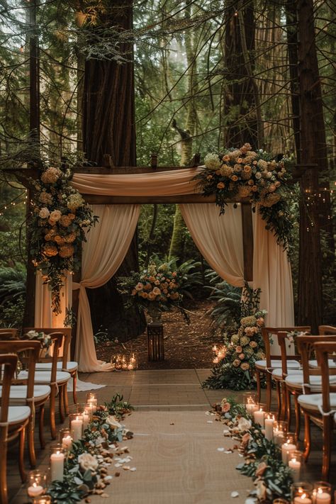 Creating a Charming Forest Wedding Ceremony 4 Forest Wedding Altar Ideas, Wedding In Woods Ideas, Small Enchanted Forest Wedding, Wedding Ceremony In Nature, Forest Clearing Wedding, Calm Wedding Theme, Wedding Ceremony In Woods, Outside Wedding Ideas Outdoor Ceremony, Fall Wedding Outdoor Ceremony