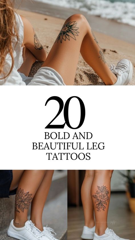 20 Bold and Beautiful Leg Tattoos Medium Size Leg Tattoos For Women, Tattoos For Women Legs Unique, Bold Women Tattoos, Mandala Tattoo Women Leg, Boho Leg Tattoos Women, Women Leg Tattoo Ideas Unique, Medium Leg Tattoos, Large Calf Tattoos For Women, Woman’s Leg Tattoos