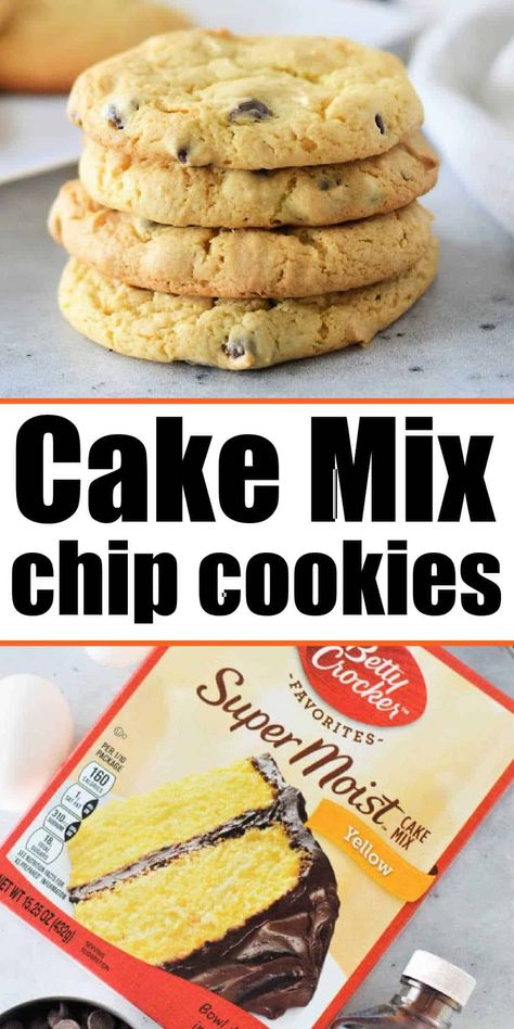 Easy yellow cake mix cookies with chocolate chips or plain are a fun treat you can bake quickly. A 4 ingredient family friendly dessert. Betty Crocker Cake Mix Cookies, Easy Yellow Cake, Yellow Cake Mix Cookies, Cake Mix Chocolate Chip Cookies, Yellow Cake Mix Recipes, Betty Crocker Cake Mix, Cookies With Chocolate Chips, Betty Crocker Cake, Mix Chocolate