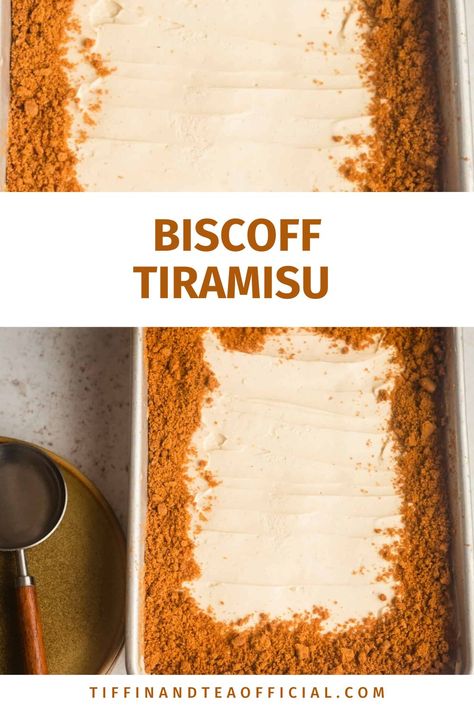 Biscoff Tiramisu in rectangular dish Lotus Sweet Recipe, Biscoff Desserts Easy, Biscoff Tiramisu Recipes, Easy Biscoff Desserts, Biscoff Recipes Easy, Lotus Biscoff Tiramisu, Lotus Biscoff Dessert, Lotus Biscoff Recipes, No Bake Tiramisu