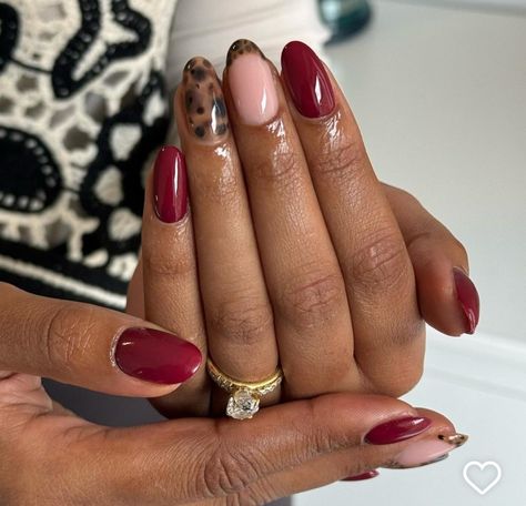 Tortishell And Red Nails Design, Dark Inspired Nails, Red Biab Nails Design, Gold Red Black Nails, Tortoise Valentine Nails, Burgundy Leopard Print Nails, Red Mocha Nails, Leopard And Burgundy Nails, Red With Cheetah Print Nails