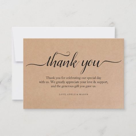 Kraft Paper Thank You Wedding Thank You Note Card | Zazzle.com Thank You Card Business, Thank You Note, Thankyoucard Design, Thank U Card, Thank You Card Wording, Birthday Thank You Notes, Calligraphy Thank You, Thank You Card Design, Packaging Ideas Business