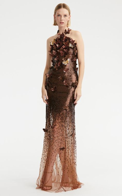 Halter Neck Bugle Bead & Butterfly Embr Gown By Oscar De La Renta | Moda Operandi Bead Butterfly, Debut Gowns, Smart Closet, Sequin Long Dress, Dress Smart, Auburn Brown, Bridesmaid Saree, Fancy Gowns, Designer Evening Gowns