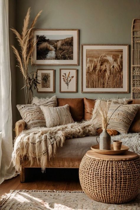 Elegant boho wall art with intricate patterns and earthy tones, ideal for a cozy home. Farm Boho Living Room, Home Decor Terracotta, Inviting Living Room Ideas, Cozy Earthy Aesthetic, Earthy Boho Home Aesthetic, Boho Farmhouse Aesthetic, Boho Cottagecore Home, Living Room Wall Decor Ideas Boho, Gray Couch Boho Living Room