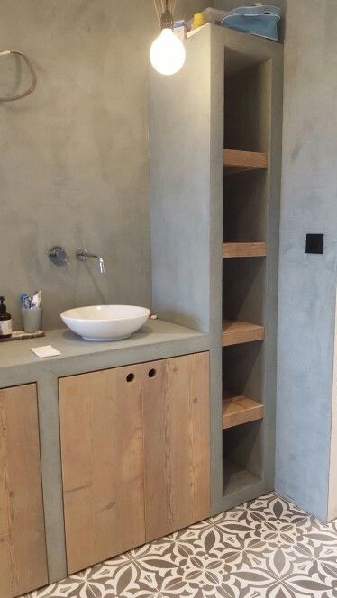 Cement Interior, Cement Bathroom, Bathroom Sink Bowls, Concrete Bathroom, Bad Inspiration, Concrete Kitchen, White Sink, Trendy Bathroom, Interior Design Diy