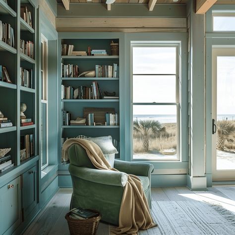 Pale Turquoise Coastal Reading Nook [Room Inspiration] Reading Nook Room, Luxurious Library, Coastal Color Scheme, Bedroom Reading Nook, Green Armchair, Coastal Theme, Pale Turquoise, Wallpaper Walls Decor, Home Cozy