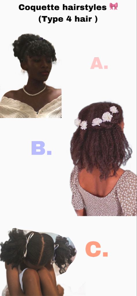 Croquette Hair Styles Curly, Black Cottagecore Hairstyles, Coquette Natural Hair, Coquette Black Hairstyles, Coquette Hairstyles Black Hair, Coquette 4c Hairstyles, Coquette Natural Hairstyles, Black Princess Hairstyles, Coquette Hairstyles Black Women