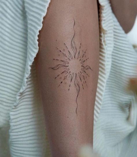 Sun Tattoo Inspiration, Crunchy Tattoo Ideas, Sun Forearm Tattoo, Sun Shoulder Tattoos For Women, Detailed Sun Tattoo, Ray Of Sunshine Tattoo, Big Sun Tattoo, Ornamental Sun Tattoo, Sun Tattoos For Women