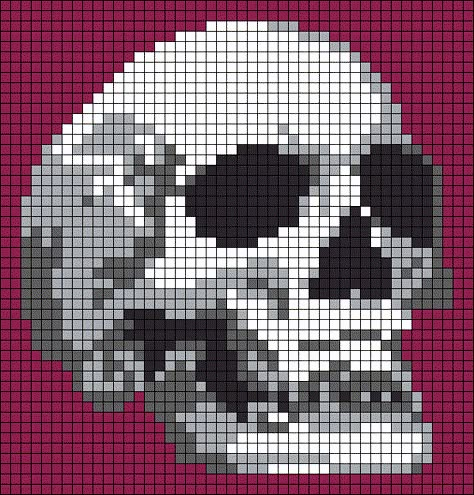 Alpha pattern #142872 variation #332169 | BraceletBook Skull Tapestry Crochet, Goth Grid Patterns, Creepy Alpha Pattern, Skeleton Grid Pattern, Pixel Skull Art, Skull Grid Pattern, Goth Tapestry Crochet, Creepy Cross Stitch Pattern, Skeleton Alpha Pattern