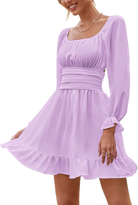 Modest Graduation Outfit, Pretty Long Sleeve Dresses, Purple Dress Casual, Promotion Dresses, Purple Short Dress, Confirmation Dresses, Light Purple Dress, Purple Long Sleeve Dress, Hoco Dresses Long Sleeve