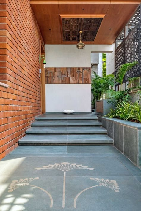 Brick Elevation Design, Villa Entrance Design, Modern Elevation Designs For House, Kota Stone Flooring, House Ventilation, Hollow Wall, Architecture Design Competition, Modern Minimalist Home, Stone Floor