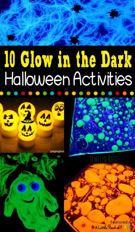 10 Fantastic Glow in the Dark Halloween Kids Activities (#halloween #kidsactivities #glowinthedark) Halloween Glow Party Classroom, Glow Stick Halloween Crafts, Halloween Glow Party Ideas, Glow In The Dark Crafts For Kids, Glow In The Dark Halloween Party, Glow In The Dark Party Ideas, Glow Stick Games, Glow Classroom, Blacklight Halloween