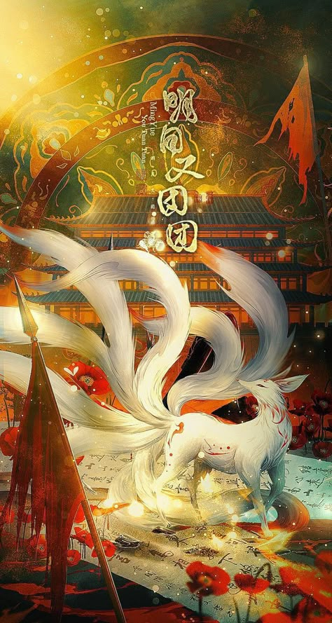 Kitsune Background, Gumiho Art, Kitsune Animal, Kitsune Wallpaper, Kitsune Art, Japanese Mythical Creatures, Chinese Folk Art, Arte Peculiar, Spirit Animal Art