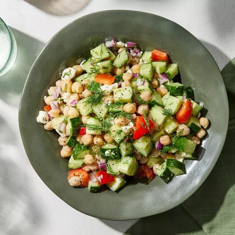 Cucumber Chickpea Salad with Feta & Lemon Chickpea Salad With Feta, Cucumber Chickpea Salad, Lunch Plan, Spring Lunch, Easy Breakfast Brunch, Eating Well Recipes, Salad With Feta, Diet Dinner, Mediterranean Meals