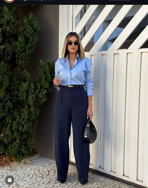 Blue Polo Outfit Woman, Navy Blue Trousers Outfit Women Classy, Navy Pinstripe Pants Outfit, Blue On Blue Outfit, Monochromatic Outfit Casual, Blue Work Outfit, Blue Shirt Women Outfit, Corporate Trousers, Blue Trousers Outfit